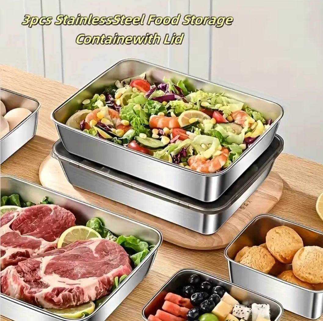 3pcs Set of Stainless Steel Food Storage Containers, Leak-Proof, baking trays