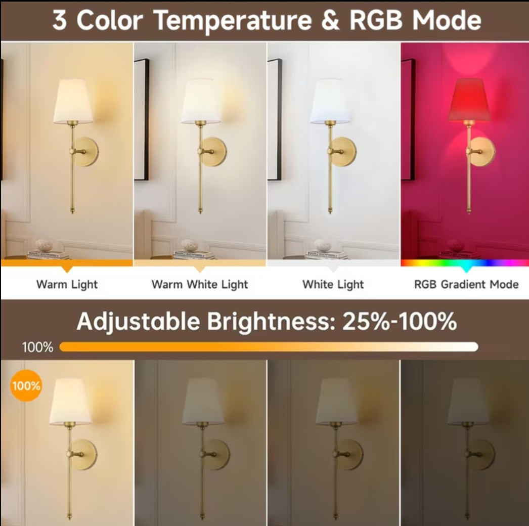 Wall Sconces Set Of 2, Dimmable Wall Sconce with Remote Control, Indoor Wall Lamp for Bedroom, Mid-Century Modern Wall Light (Golden, 55.88 cm)