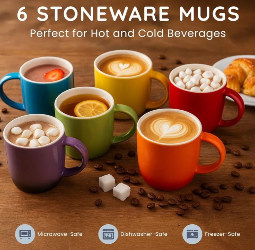 Colourfully mugs Set of 6 Colourful Stoneware Coffee Tea Mugs Microwave Safe