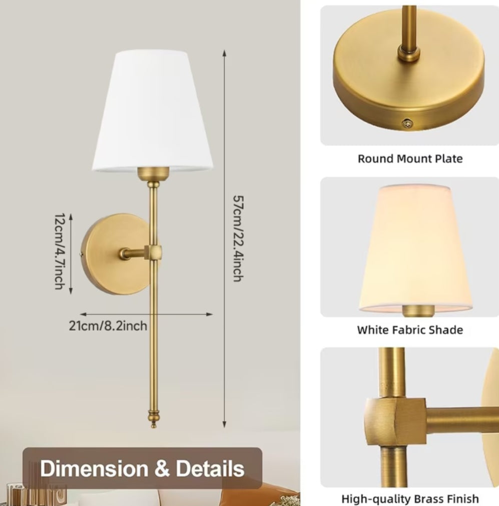 Wall Sconces Set Of 2, Dimmable Wall Sconce with Remote Control, Indoor Wall Lamp for Bedroom, Mid-Century Modern Wall Light (Golden, 55.88 cm)